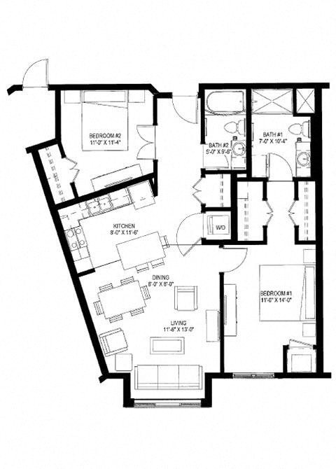 Floor plan for 2 beds, 2 baths, 1052 sqft